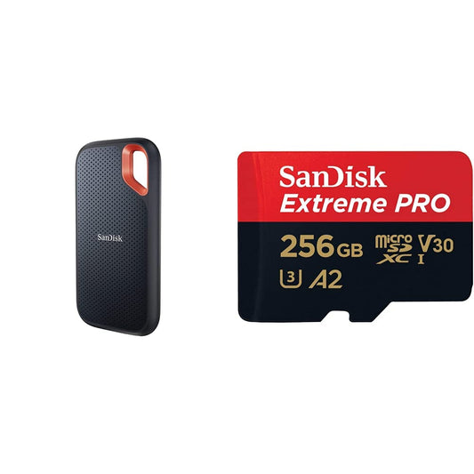 SanDisk Extreme Portable SSD 500 GB melns & Extreme PRO microSDXC UHS-I atmiņas karte 256 GB + adapteris & RescuePRO Deluxe (viedtālruņiem, action kamerām vai droniem, A2, Class 10, V30, U3)