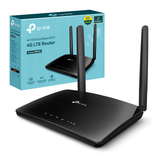 TP-Link Archer MR402 LTE maršrutētājs, 4G maršrutētājs SIM karte, WLAN divjoslu AC1200, 4G Cat4 līdz 150 Mbit/s, 4 porti, pieslēdz un lieto, MU-MIMO, TP-Link One Mesh