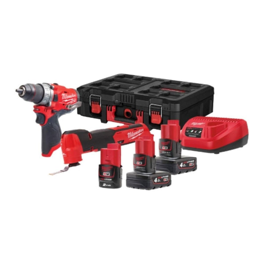 Milwaukee M12 FPP2AX komplekts - Compact power tools with battery, charger, and versatile accessories for efficient tasks.