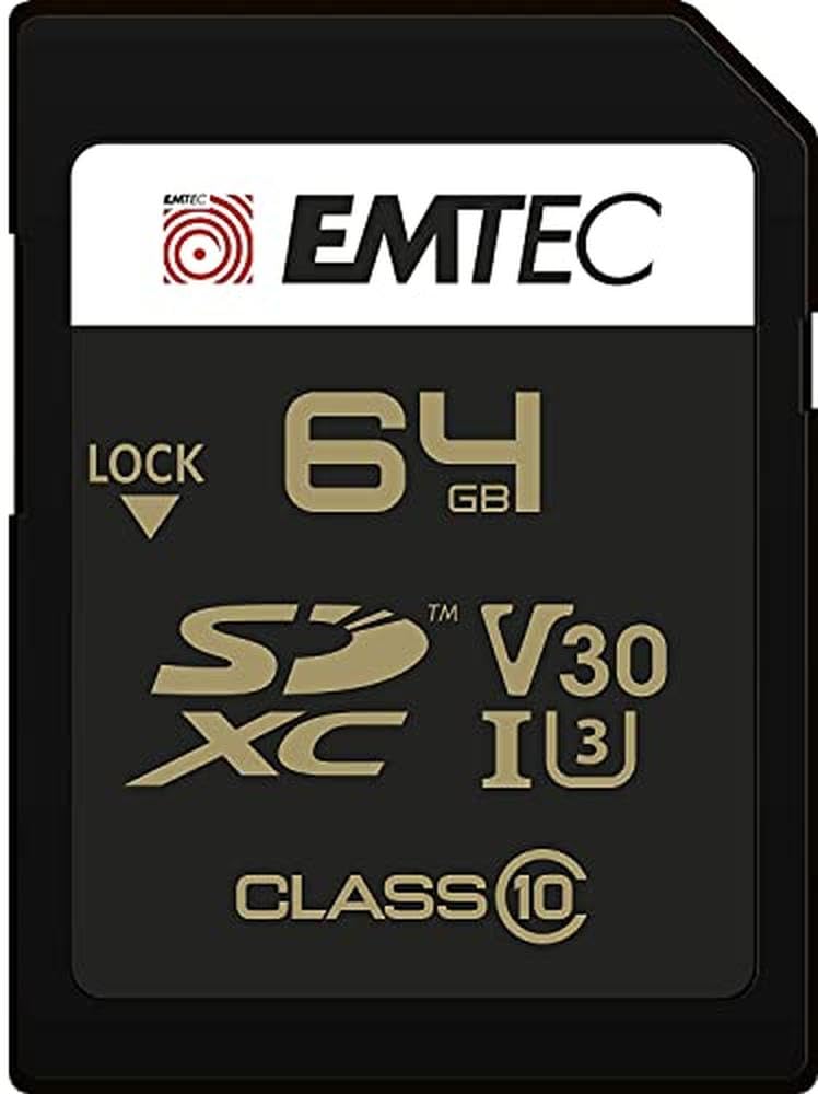 Emtec SDXC 64GB Class10 - 64GB storage, Class 10 speed, 95 MB/s transfer rate, black memory card.