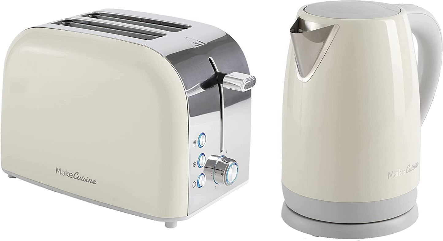 MakeCuisine Vintage komplekts/Retro-toasteris, 2 plati sloti, Atcelt, Uzkarsēt, Atsaldēt, 900 W + Retro katls 1,7 l/automātiskā apstāšanās / 2200 W/krāsa Mīksta krēma