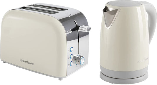 MakeCuisine Vintage komplekts/Retro-toasteris, 2 plati sloti, Atcelt, Uzkarsēt, Atsaldēt, 900 W + Retro katls 1,7 l/automātiskā apstāšanās / 2200 W/krāsa Mīksta krēma