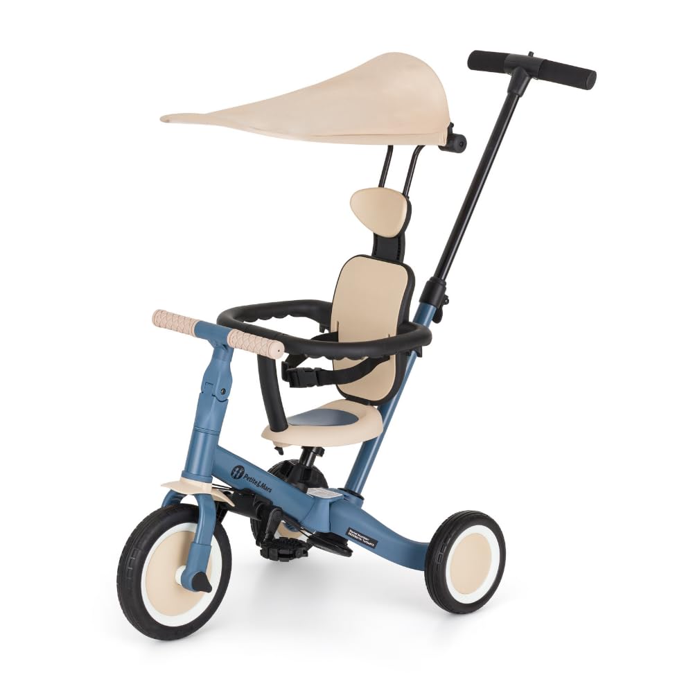 Petite&Mars Turbo Plus 5in1 bērnu trīsritenis un skrejritenis | daudzfunkcionāls 3–5 riteņu modelis ar saulessargu | no 1,5–5 gadiem | noņemams pedāļu mehānisms, regulējams sēdeklis, josta, PU riteņi (Ocean Blue)