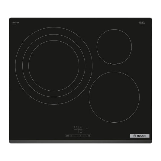 BOSCH PID631BB5E IEBŪVĒJAMA INDUKCIJAS PLĀTE 60 CM 3 ZONAS MELNĀ KRĀSĀ/PRIEKŠĒJĀ MALĀ TOUCHSELECT 32 CM CIRCULĀRA SERIGRĀFIJA