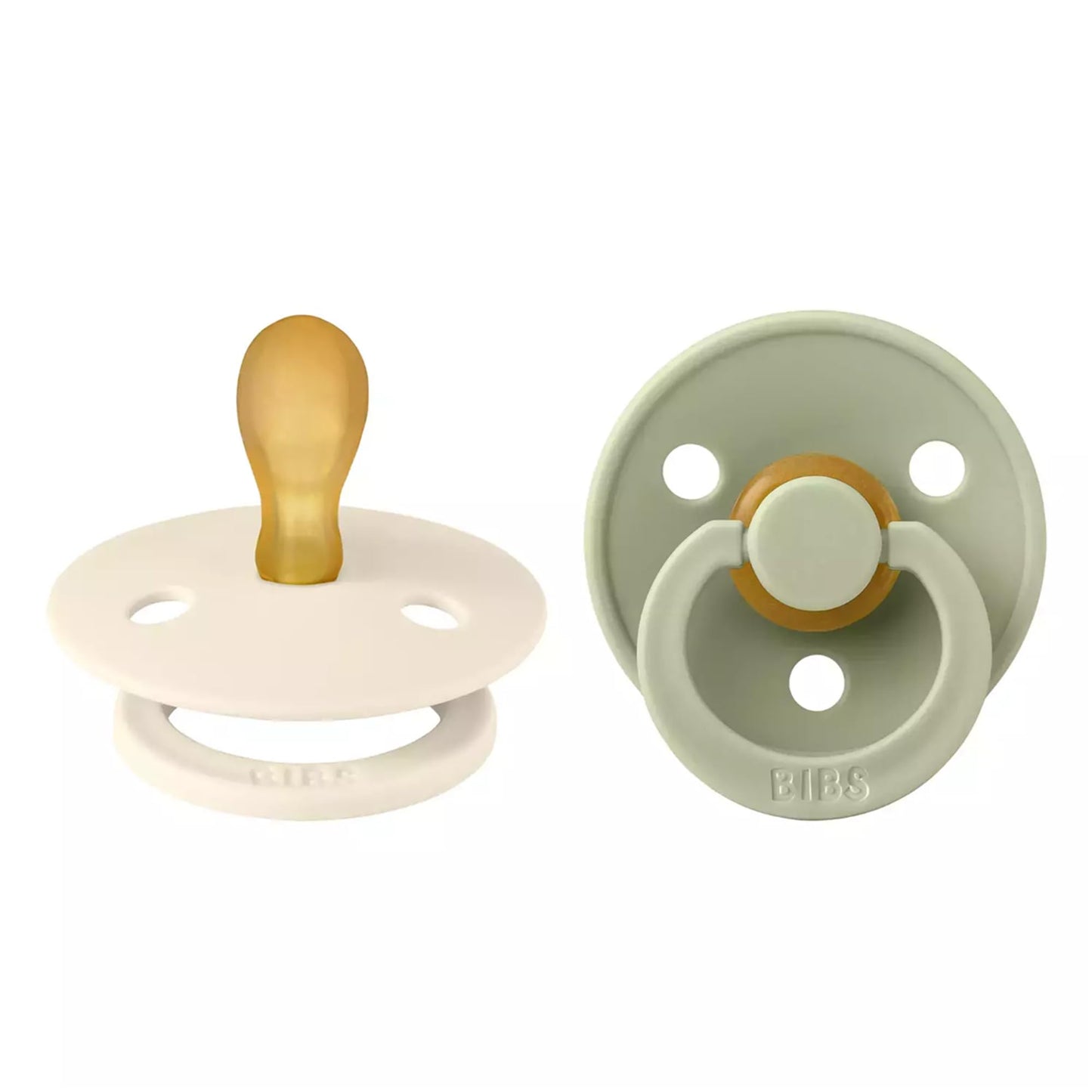 Knupītis BIBS Colour 2 gab. iepakojumā, BPA nesaturošs, ķiršveida uzgalis, dabīgais kaučuks/latekss, ražots Dānijā, 1. izmērs | 0+ mēneši | 2 gab., Ivory/Sage