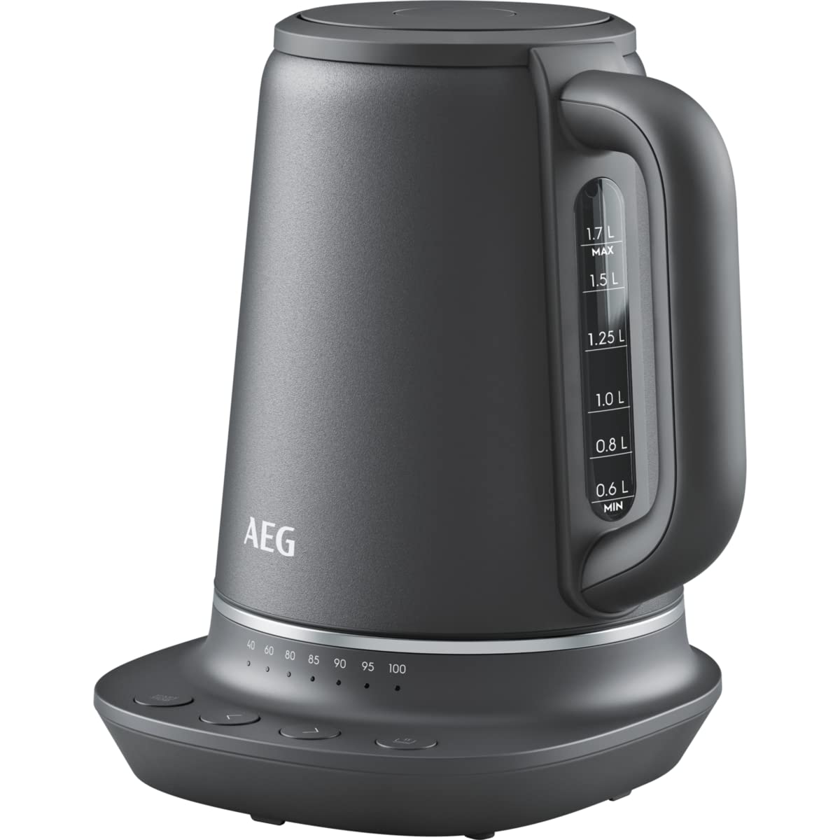 AEG K7-1-6BP tējkanna - 7 temperatūras līmeņi, 3-kārtīga drošības izslēgšana, 1,7 litri, 360° pamatne, pelēka.