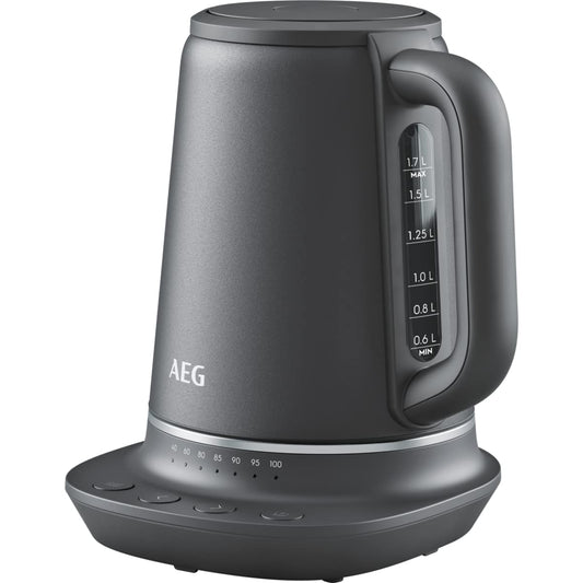 AEG K7-1-6BP tējkanna - 7 temperatūras līmeņi, 3-kārtīga drošības izslēgšana, 1,7 litri, 360° pamatne, pelēka.