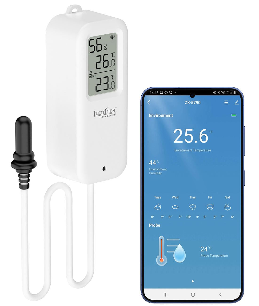 WiFi termometrs Luminea Home Control Elesion ar iekštelpu un āra sensoru, lietotne, temperatūras un mitruma mērītājs, vieda klimata kontrole