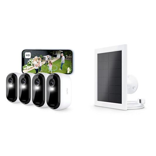 Arlo Essential 2 HD akumulatora uzraudzības kamera āra WiFi + saules panelis, bezvadu, 1080p video, krāsu nakts redzamība, gaisma, kustību sensors, sirēna, divvirzienu audio, viedā māja, Secure izmēģinājuma periods, 4 gab.