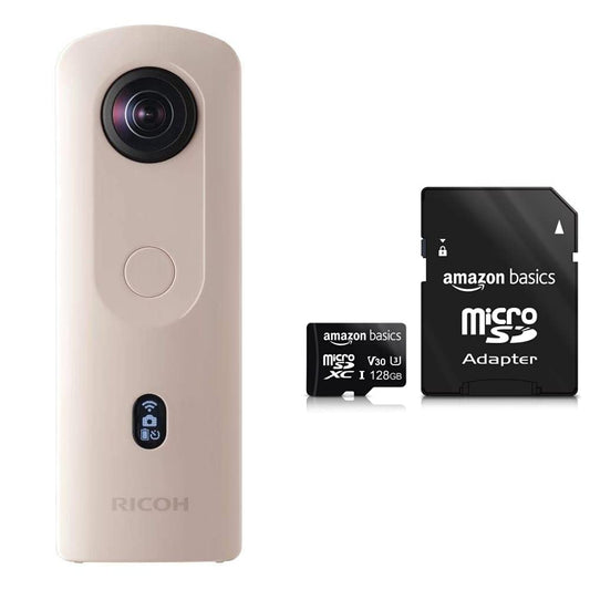 Ricoh Imaging Theta SC2 - BEIGE kompakta kamera BEIGE & Amazon Basics - microSDXC atmiņas karte, 128 GB, ar lielu adapteri, A2, U3, lasīšanas ātrums līdz 100 Mbit/s, melna