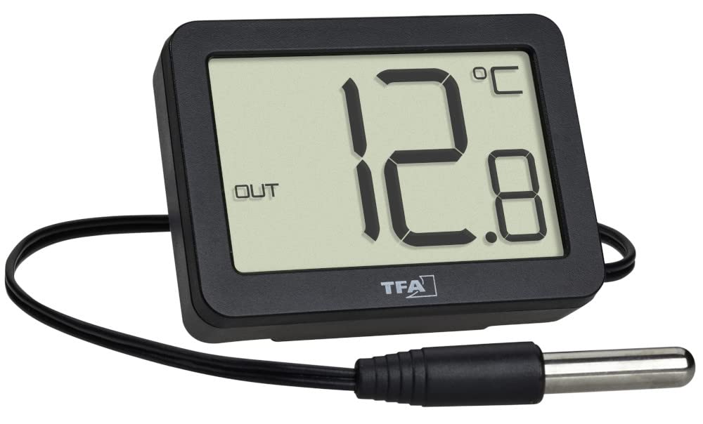 Digitālais iekštelpu un āra termometrs TFA Dostmann 30.1066.01 ar ūdensnecaurlaidīgu temperatūras sensoru, maksimālās un minimālās vērtības, magnēts un statīvs, melns