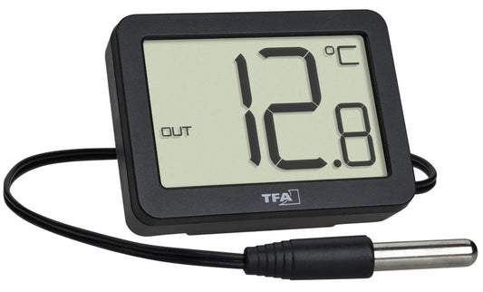 Digitālais iekštelpu un āra termometrs TFA Dostmann 30.1066.01 ar ūdensnecaurlaidīgu temperatūras sensoru, maksimālās un minimālās vērtības, magnēts un statīvs, melns
