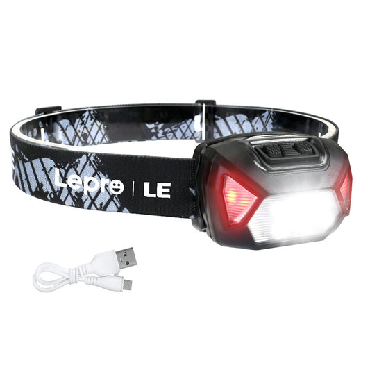 Galvas lukturis Lepro LED uzlādējams, USB C pieres lampa ar 6 režīmiem un sarkano gaismu