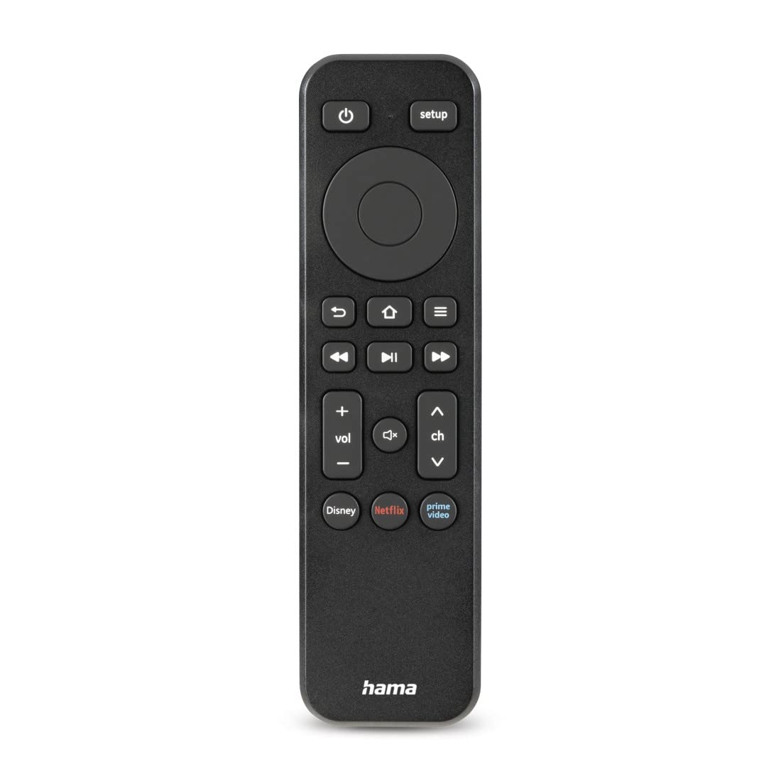 Hama universālā tālvadības pults Smart TV + straumēšanas pakalpojumiem (tālvadības pults ar lietotnes taustiņu Netflix, Prime Video, Disney+, programmējama un mācīšanās tālvadības pults, apgaismotie taustiņi) melna