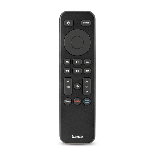 Hama universālā tālvadības pults Smart TV + straumēšanas pakalpojumiem (tālvadības pults ar lietotnes taustiņu Netflix, Prime Video, Disney+, programmējama un mācīšanās tālvadības pults, apgaismotie taustiņi) melna