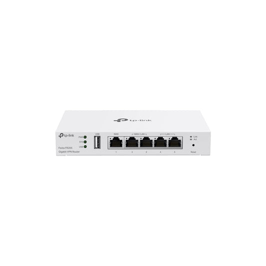 TP-Link Festa FR205 Gigabit VPN vārteja, bez WiFi, 5× Gigabit porti, 1× USB WAN ports, atbalsta IPSec, PPTP, L2TP un OpenVPN, bezmaksas mākoņa pārvaldība, biznesa līmeņa kvalitāte