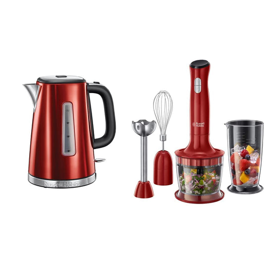 Russell Hobbs tējkanna, Luna sarkana, 1,7l, 2400W un rokas mikseris 3-in-1 Desire (sasmalcinātājs, mikseris un putotājs), BPA brīvs un trauku mazgājamā mašīnā mazgājams piederums, blenderis smūtijiem