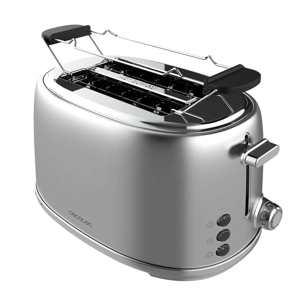 Cecotec tosteris 2 šķēles tosta un garšas 1000 retro dubultais Inox, 980 W, 2 platuma un īsi sloti 3,8 cm, nerūsējošais tērauds, augšējie režģi, regulējama jauda, drupatu atvilktne