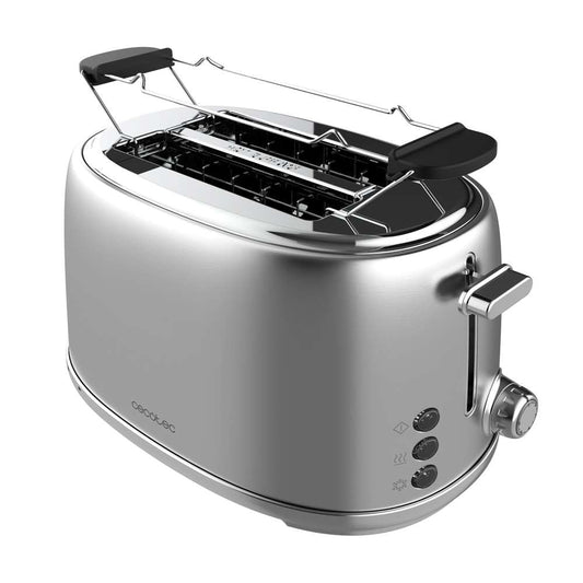 Cecotec tosteris 2 šķēles tosta un garšas 1000 retro dubultais Inox, 980 W, 2 platuma un īsi sloti 3,8 cm, nerūsējošais tērauds, augšējie režģi, regulējama jauda, drupatu atvilktne
