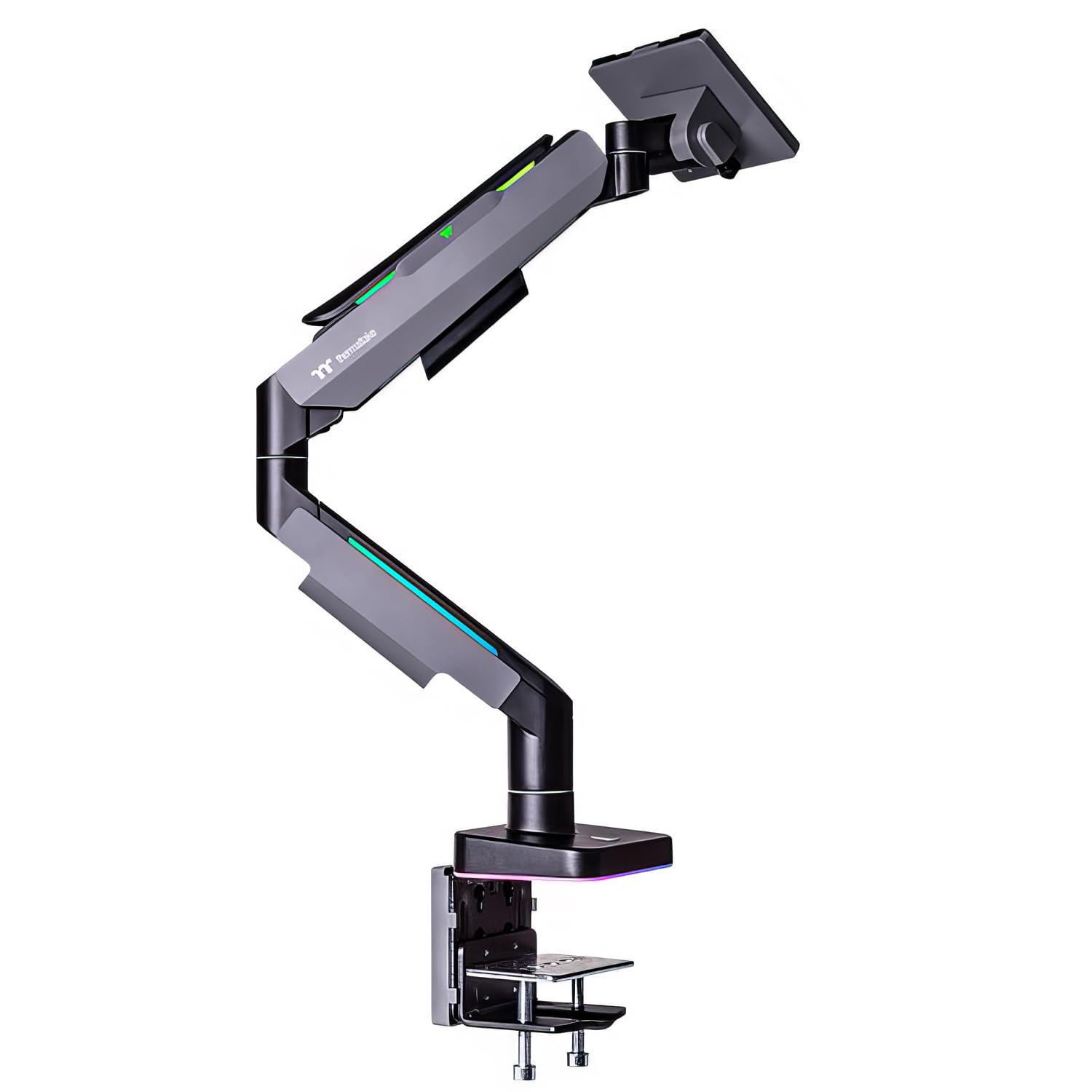 Thermaltake GEA Single RGB - Adjustable gaming monitor arm with RGB lighting, black finish.