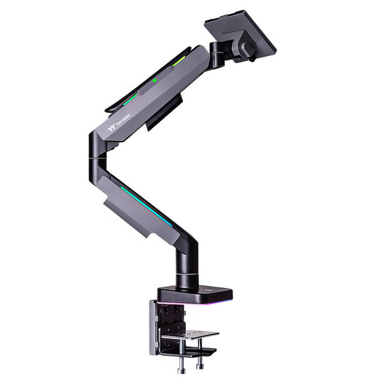 Thermaltake GEA Single RGB - Adjustable gaming monitor arm with RGB lighting, black finish.