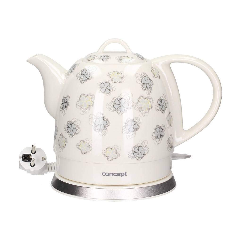 CONCEPT RK0010ne - 1L ceramic kettle, unique floral design, 1100W, elegant white finish.