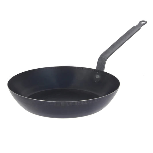 De Buyer Coupe Lyonnaise frying pan - blue metal, black handle, 30 cm diameter, ideal for even cooking and durability.