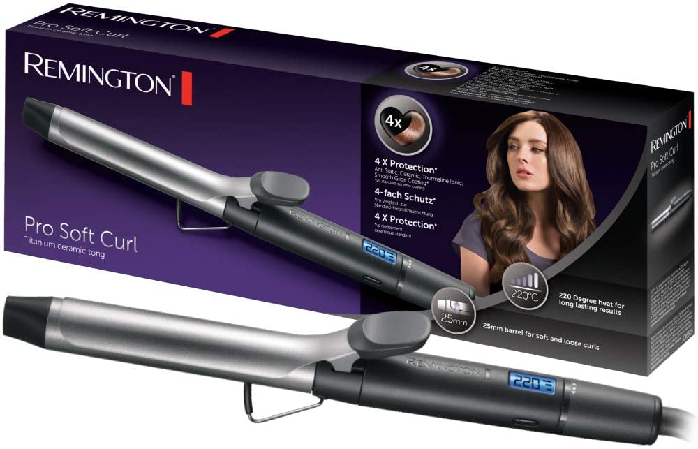 Remington Lockenstab [25mm] Pro Soft Curl Digital (4-kārtu aizsardzība, antistatiskā keramikas-turmalīna pārklājums) -LCD displejs 130-220°C, ar skavu, mīkstas vidēja lieluma un dabīgas cirtas, CI6525
