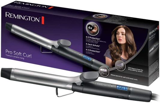 Remington Lockenstab [25mm] Pro Soft Curl Digital (4-kārtu aizsardzība, antistatiskā keramikas-turmalīna pārklājums) -LCD displejs 130-220°C, ar skavu, mīkstas vidēja lieluma un dabīgas cirtas, CI6525