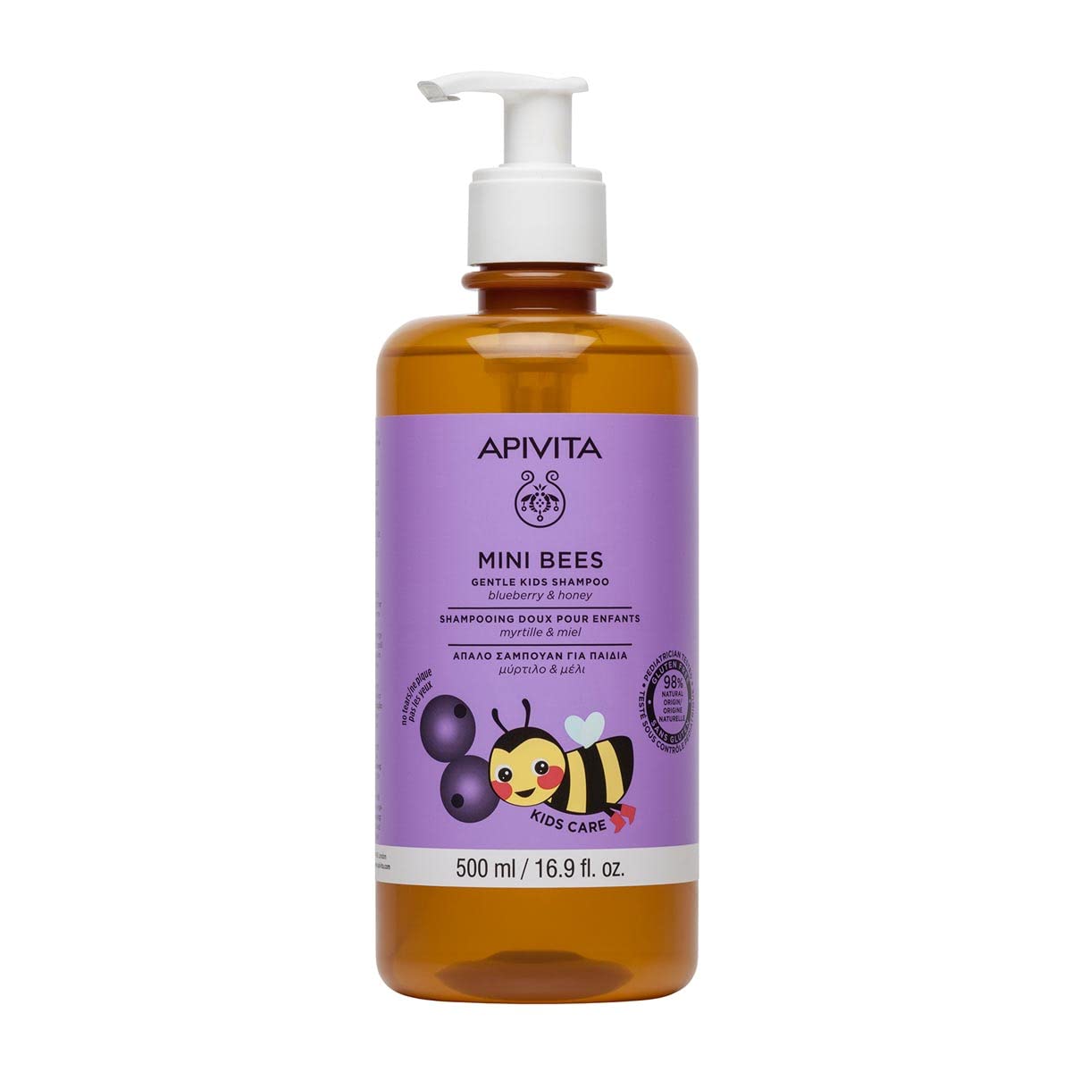 APIVITA Mini Bees bērnu šampūns 500 ml ar medu un mellenēm bez sulfātiem un parabēniem