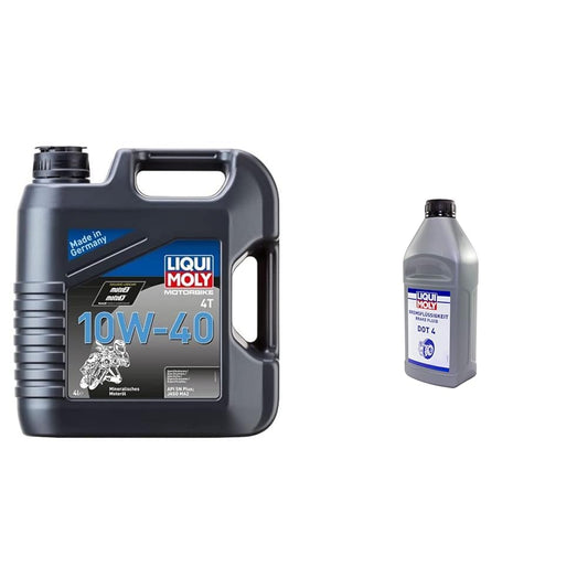 LIQUI MOLY Motorbike 4T 10W-40 | 4 L | motociklu 4-taktu eļļa | Art.-Nr.: 3046 & bremžu šķidrums DOT 4 | 1 L | bremžu šķidrums | Art.-Nr.: 21157