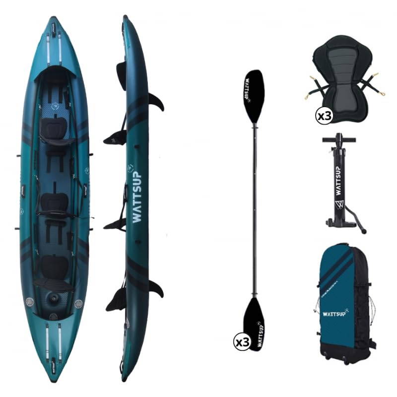 Piepūšamais kajaks Wattsup COD 3 personām, 460 x 85 cm, 100% augstspiediena/Dropstitch, komplekts ar dubultairiem, sēdekļiem, pumpi un transportēšanas somu, līdz 250 kg, zils