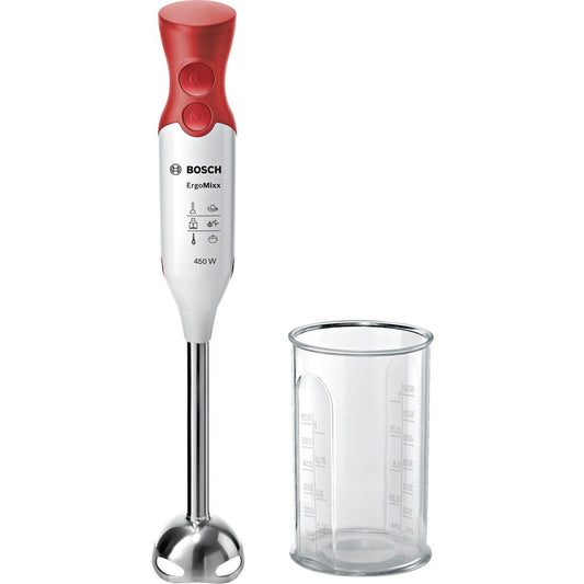 Bosch mājsaimniecības MSM64110 ergonomisks rokas mikseris ar nerūsējošā tērauda maisīšanas kāju QuattroBlade (450 W) Sarkans, Balts