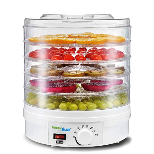 Zaļš Zils GB190 Dehidrators ar temperatūras regulatoru 35-70° BPA bezmaksas, pārtikas žāvētājs sēnēm, dārzeņiem un augļiem 5 plāksnes 4,5cm 250W (dehidrators)