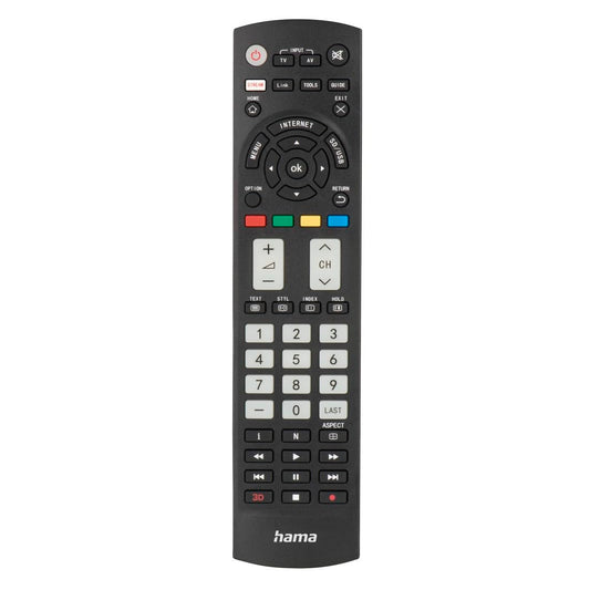 Hama universālā tālvadības pults Panasonic televizoriem (infrasarkanais, mācīšanās spēja, izgaismotās pogas, viedā poga, vieglais režīms, ergonomiskas galvenās pogas, 10m darbības attālums) melna
