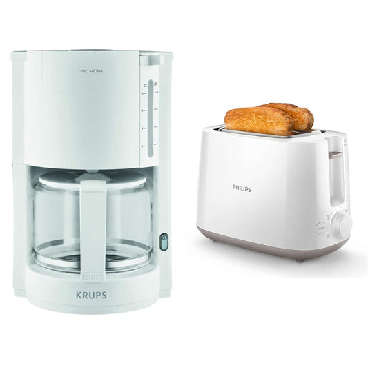 Krups F30901 filtrēta kafijas automāts ProAroma | Stikla kanna | Siltuma saglabāšanas funkcija | 10 tasītes | 1.050 W | Balts & Philips HD2581/00 tosteris, integrēts maizes cepšanas piederums, 8 brūnināšanas pakāpes, balts