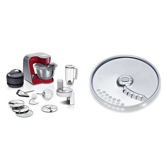 Bosch virtuves mašīna MUM5 MUM5X720, integrēta svari, nerūsējošā tērauda bļoda 3,9L, mikseris 1,25L, 1000 W, sudraba/ Tumši sarkana un frī kartupeļu šķēle MUZ45PS1, frī kartupeļiem, apgriežamā šķēle.