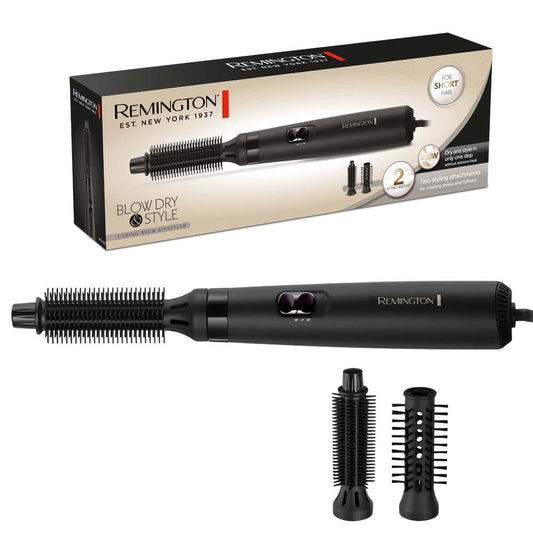 Remington siltā gaisa suka [iekļauti 2 uzgaļi: 19mm un 25mm apaļā suka] Žāvēšana un stils (žāvē un veido formu un apjomu, ideāli piemērota īsiem matiem) 2 sildīšanas un ventilatora līmeņi, gaisa stilizētājs AS7100, melns