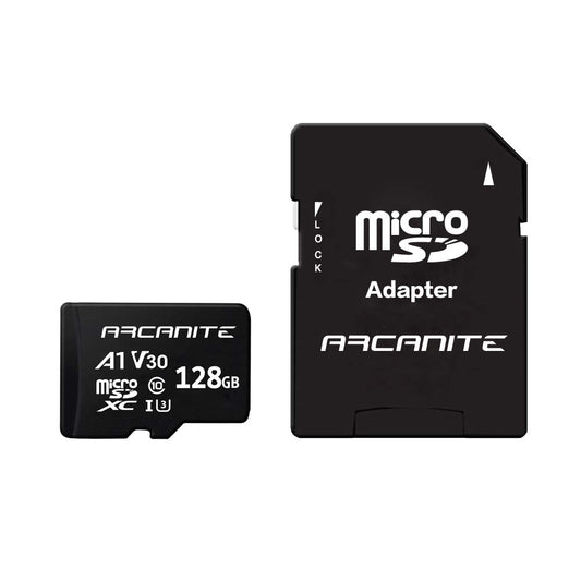 ARCANITE 128 GB microSDXC atmiņas karte ar SD adapteri — A1, UHS-I U3, V30, 4K, C10, microSD, maksimālais lasīšanas ātrums 90 MB/s