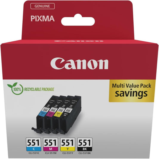 Canon CLI-551 C M Y BK - Original 4 ink cartridge set in eco-friendly packaging, includes black, cyan, magenta, yellow.