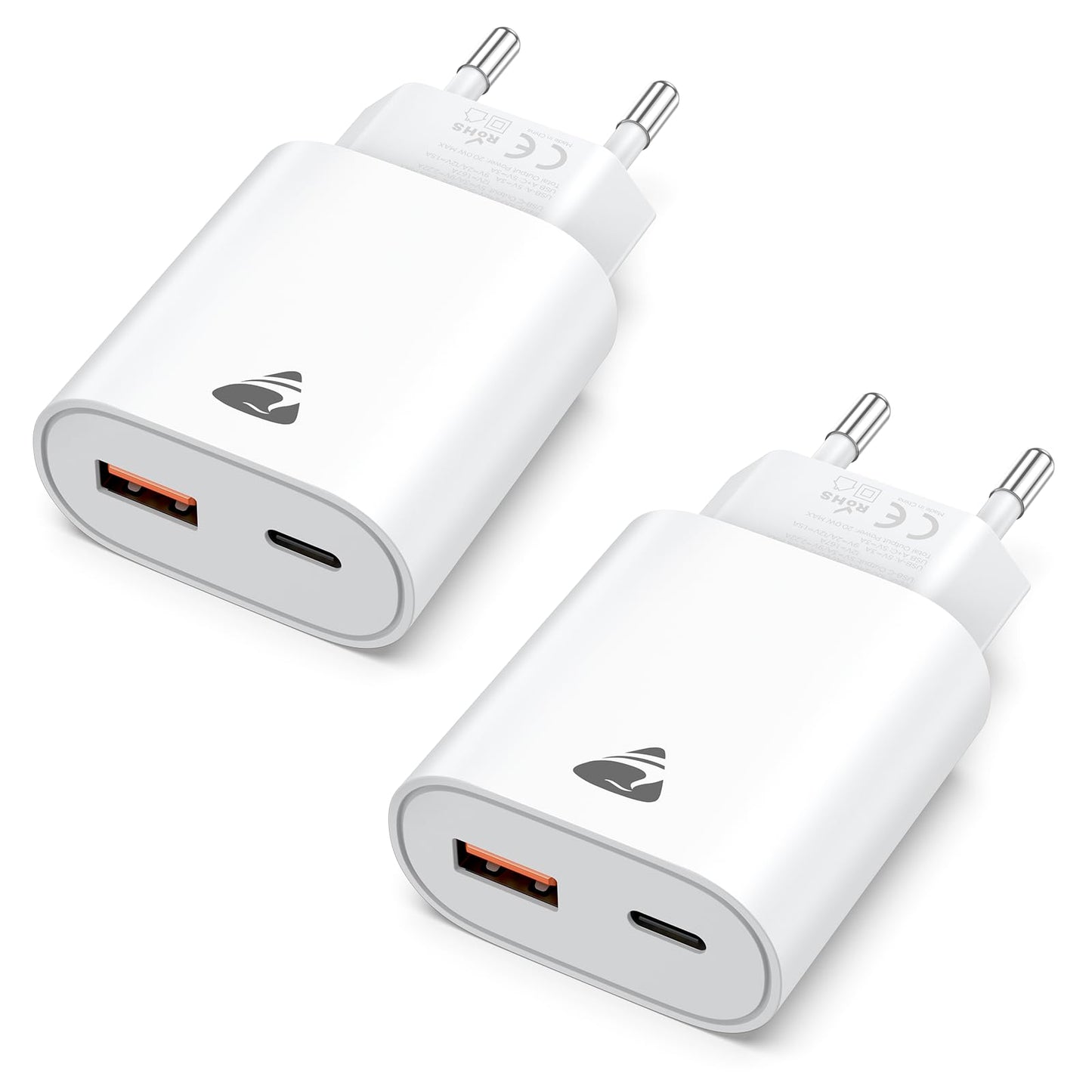 USB C lādētājs Aioneus, 2 iepakojums, 20W ātrais lādētājs ar 2 portiem USB-C un USB-A, telefona lādētājs ar PD 3.0 barošanas adapteri iPhone Samsung, ātrs Type-C lādētājs