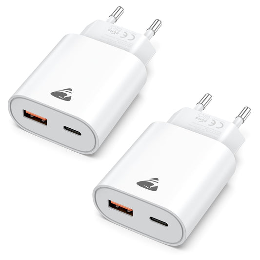 USB C lādētājs Aioneus, 2 iepakojums, 20W ātrais lādētājs ar 2 portiem USB-C un USB-A, telefona lādētājs ar PD 3.0 barošanas adapteri iPhone Samsung, ātrs Type-C lādētājs