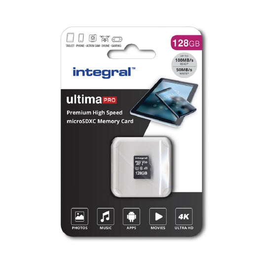 Integral 128 GB Micro-SD karte 4K video Premium augstas ātruma atmiņas karte SDXC līdz 100 MB/s lasīšanas ātrumam un 50 MB/s rakstīšanas ātrumam V30 C10 U3 UHS-I A1