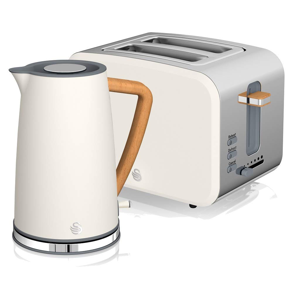 Brokastu komplekts Swan Nordic: bezvadu tējkanna, 1,7 l, 2200 W, plats slots, 2 šķēles, 3 funkcijas, moderns dizains, koka imitācija, balta