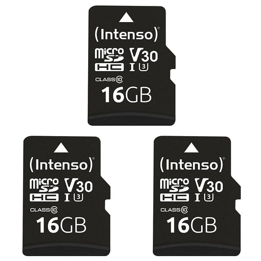 Intenso Professional microSDHC 16GB Class 10 UHS-I, U3, V30 atmiņas karte ar SD adapteri (līdz 100 MB/s), melna (iepakojumā ar 3)