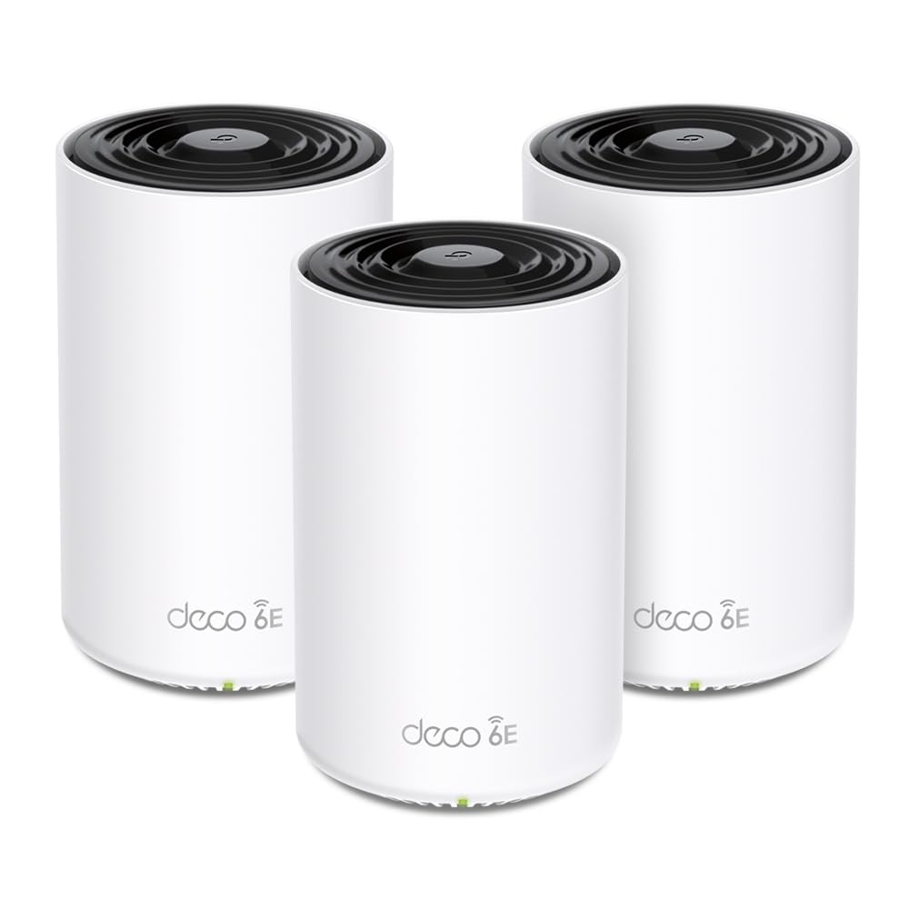 TP-Link Deco XE75 Pro Mesh WLAN komplekts (3 iepakojumi), Wi-Fi 6E AXE5400 tri-banda maršrutētājs un atkārtotājs, 1× 2.5G ports + 2× 1G porti katrai vienībai, ieteicams mājām ar 4-7 guļamistabām, WPA3