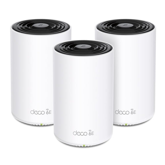 TP-Link Deco XE75 Pro Mesh WLAN komplekts (3 iepakojumi), Wi-Fi 6E AXE5400 tri-banda maršrutētājs un atkārtotājs, 1× 2.5G ports + 2× 1G porti katrai vienībai, ieteicams mājām ar 4-7 guļamistabām, WPA3