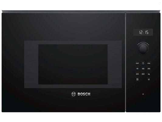 Bosch BFL524MB0 Sērija 6 Iebūvēta mikroviļņu krāsns, 38 x 60 cm, 800 W, griežamais šķīvis 25,5 cm, durvju piestiprinājums pa kreisi, AutoPilot 7 7 automātiskās programmas, tīrīšanas atbalsts, LED skārienekrāns, melns