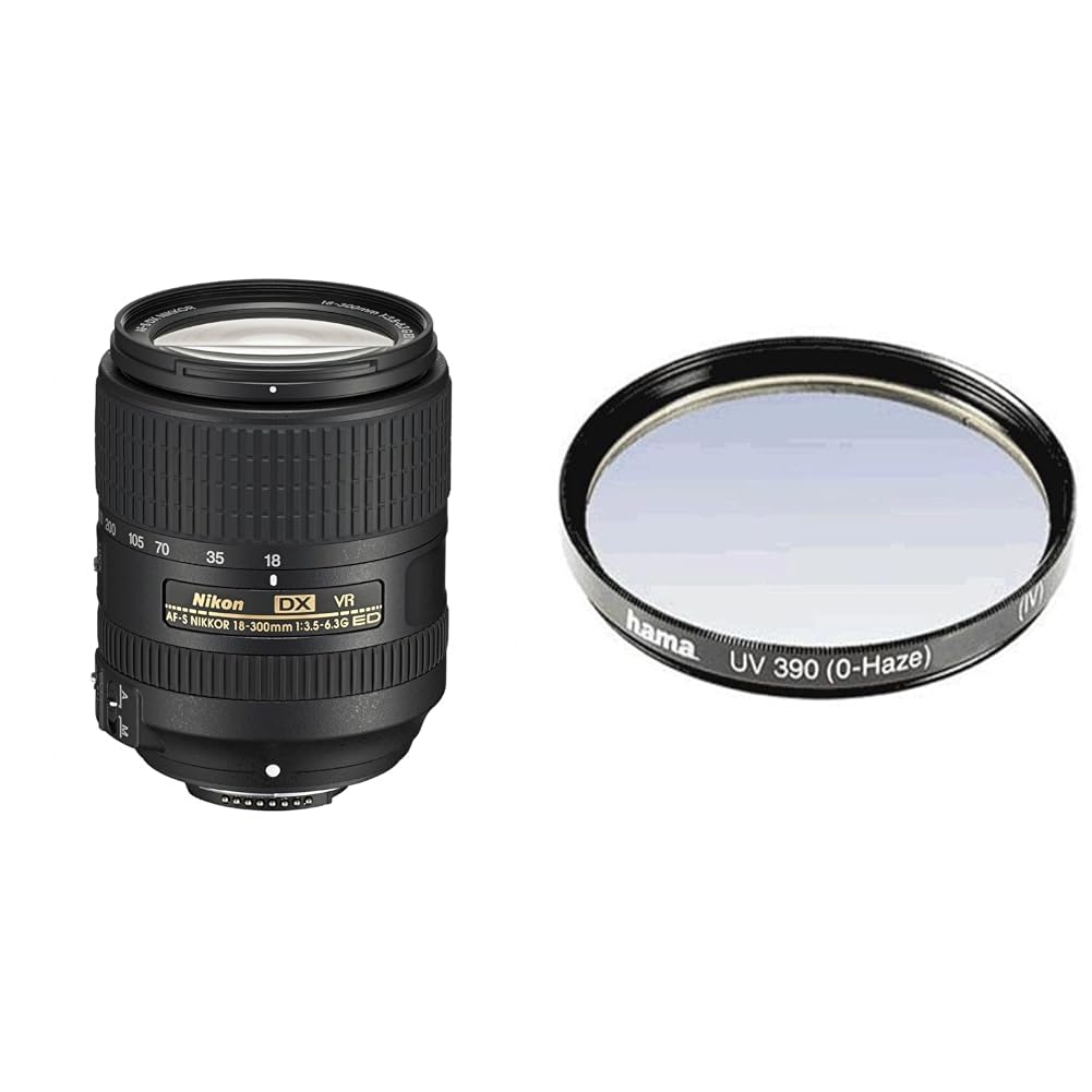Nikon AF-S DX 18-300 mm 1:3,5-6,3G ED VR ceļojumu zoom objektīvs (iekļauts LC-67 priekšējais vāciņš un LF-4 aizmugurējais vāciņš) melns & Hama UV filtrs 67mm (aizsargfiltrs ar 4x pārklājumu, iekļauta filtra kaste)