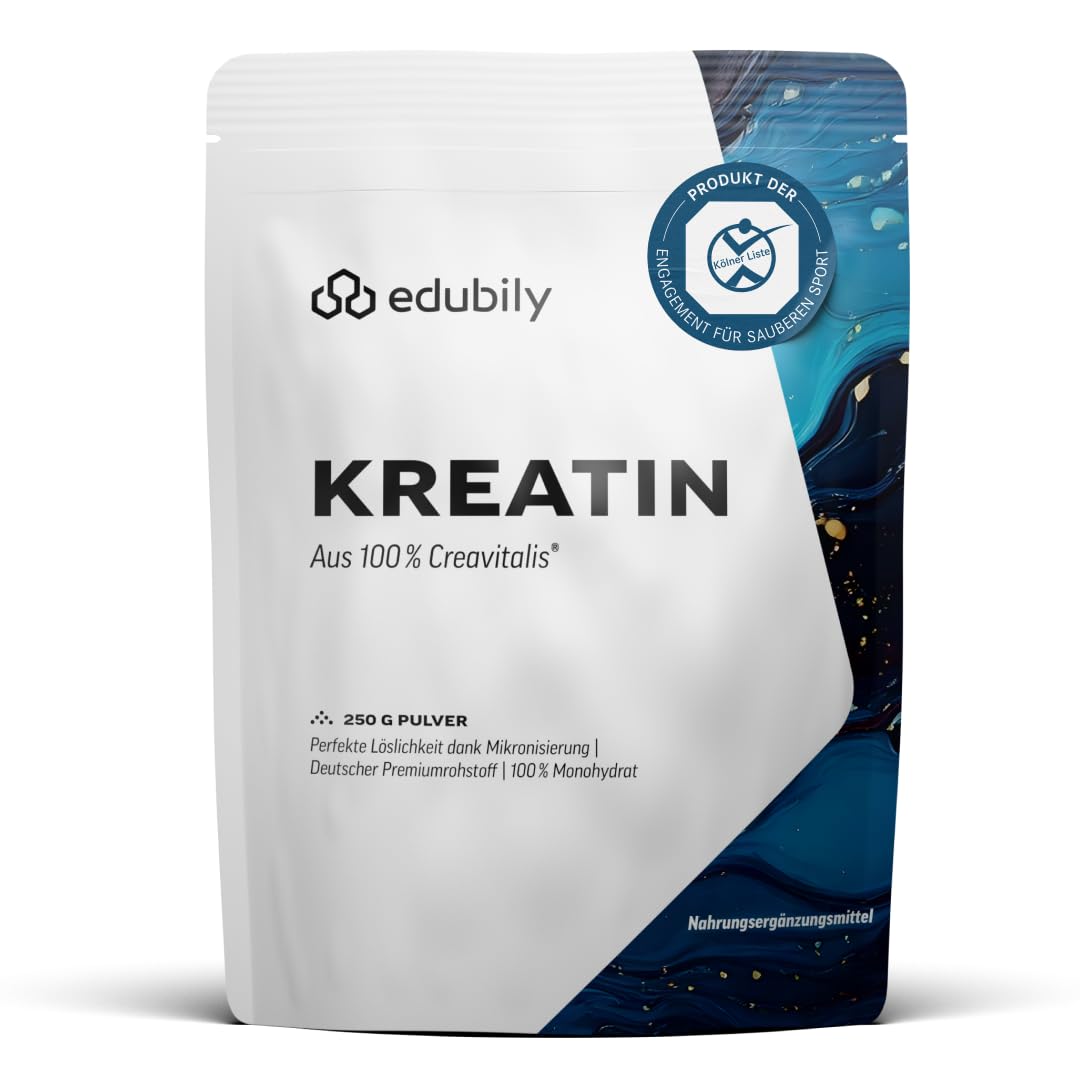 Kreatīna pulveris edubily® Creatin Monohydrat - 3,4 g kreatīna vienā porcijā no mikronizēta Creavitalis® - ļoti labi šķīst - vācu zīmola izejviela (250 g, vegāns)